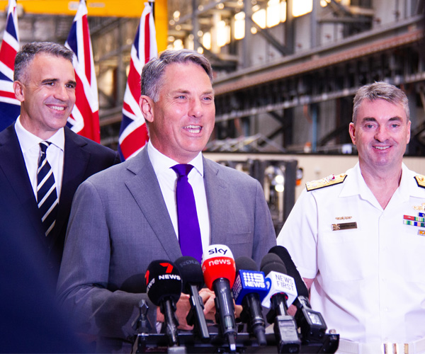 Deputy Prime Minister Richard Marles, Premier of South Australia Peter Malinauskas and Vice Admiral Jonathan Meade, Head of the Australian Submarine Agency, appearing at ASC North for a press conference.